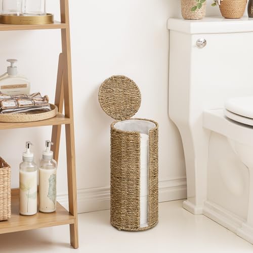 StorageWorks Seagrass Free Standing Toilet Paper Holder Stand for Bathroom, 3 Rolls of Toilet Tissue Storage with a Built-in Cloth Lining, Toilet Roll Holder Stand with Lid | 3 Rolls of Toilet Tissue Storage with a Built-in Cloth Lining, Toilet Roll Holde