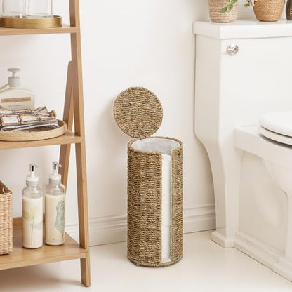 StorageWorks Seagrass Free Standing Toilet Paper Holder Stand for Bathroom, 3 Rolls of Toilet Tissue Storage with a Built-in Cloth Lining, Toilet Roll Holder Stand with Lid | 3 Rolls of Toilet Tissue Storage with a Built-in Cloth Lining, Toilet Roll Holde