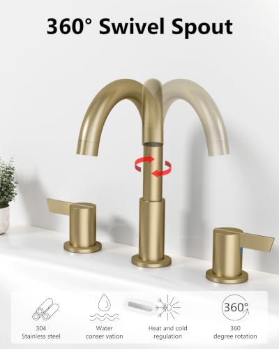 Brushed Gold Bathroom Faucet 3 Hole, 8 Inch Widespread 2-Handle | SUS304 Stainless Steel, 2-Handle Control, Pop-Up Drain, Supply Lines and Mounting Hardware for 8-Inch Widespread Vanity Sinks - color: Brushed Gold