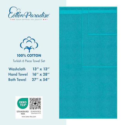 Cotton Paradise 100% Cotton Turkish Towel Set, Soft Absorbent Quick Dry, 6 Piece Towel Set, Ocean Aqua - color: Ocean Aqua, size: (27"x54") +( 16"x28") + (13"x13")