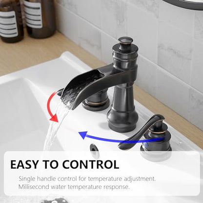 Bathroom Sink Faucet Waterfall 3 Hole or 8 Inch Widespread Tap | Oil Rubbed Bronze,Brass,Dual Handle,Easy to Clean,Simple Installation,Pop-up Drain,Supply Line,Control of Hot and Cold Water - color: Oil Rubbed Bronze