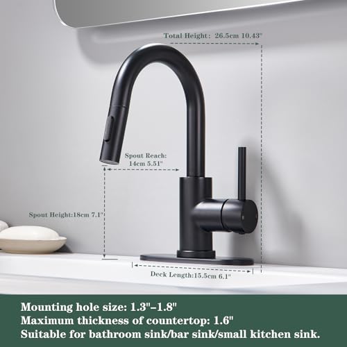 Black Bathroom Sink Faucet with Pull Down Sprayer | 2 Mode Sprayer, with Deck Plate for 1 or 3 Hole, 360° Swivel, with Pop Up Drain for Vanity Bar RV Basin Laundry - color: Matte Black