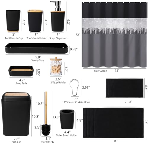 XLHOMO Bathroom Sets with Shower Curtain and Rugs,24PCS Black Bathroom Set Shower Curtain Set with Bathroom Trash Can Bathroom Accessories - size: Bath Set+Shower Curtain+Bath Rugs, style: Black