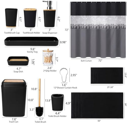 XLHOMO Bathroom Sets with Shower Curtain and Rugs,24PCS Black Bathroom Set Shower Curtain Set with Bathroom Trash Can Bathroom Accessories - size: Bath Set+Shower Curtain+Bath Rugs, style: Black