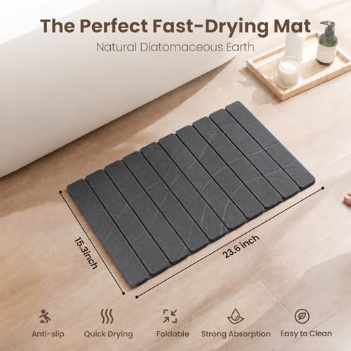 Non-Slip Stone Bath Mat for Bathroom, Foldable Super Absorbent | Mosthink Textured Quick Dry Diatomaceous Earth Mat for Bath Kitchen Counter, Easy to Clean(Dark Gray, 23.6'' x 15.3'') - color: Dark Grey