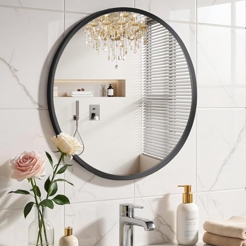 Brushed Black Large Round Bathroom Mirror for Wall, 24 inch Large Black Circle Mirror for Wall, New Frame Design, Tempered Glass,Wall Mounted Circle Mirror for Vanity, Entryway, Bedroom - color: Brushed Black, size: 24"L x 24"W