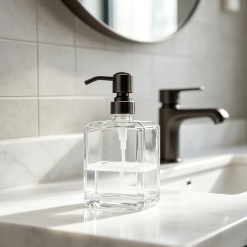 Square Clear Glass Dish Soap Dispenser Set 2 Pack, Oil Rubbed Bronze Refillable Hand Soap Dispenser with Rust Proof Stainless Steel Pump 2 x 13.5 oz Lotion Dispenser for Bathroom Vanity Kitchen - color: Oil Rubbed Bronze, size: 2X13.5oz-Square
