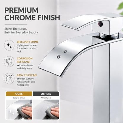 VOTON Vessel Sink Faucet Chrome Modern Tall Waterfall Bathroom Sink Faucet with Pop-Up Drain Single Handle Bathroom Faucet 1 Hole Bowl Lavatory Vanity Faucet, Rv Sink Camper Farmhouse Bathroom Faucet - color: Chrome, size: Tall