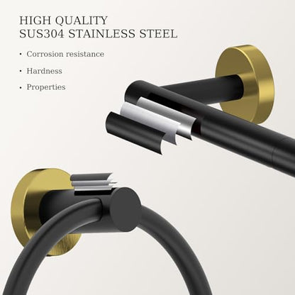 Black and Gold Toilet Paper Holder & Towel Holder Bathroom Hardware Set | SUS304 Stainless Steel Double Post Pivoting Tissue Roll Holder and Hand Towel Ring Set for Bathroom RV by Evolvegoods - color: Black Gold
