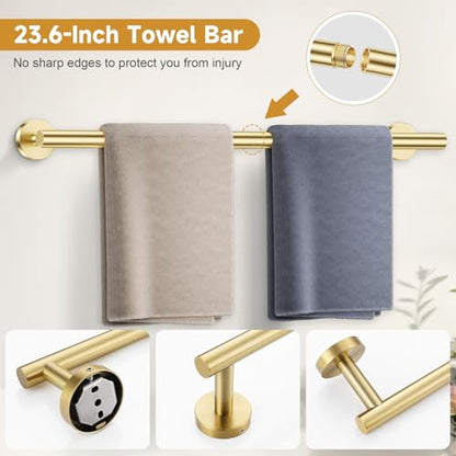 5-Piece Bathroom Hardware Accessories Set,Brushed Gold Towel Bar Set with Smiley Face Towel Rings, Stainless Steel Wall-Mounted Towel Holder Set for Bathroom,23.6 Inch - color: Gold