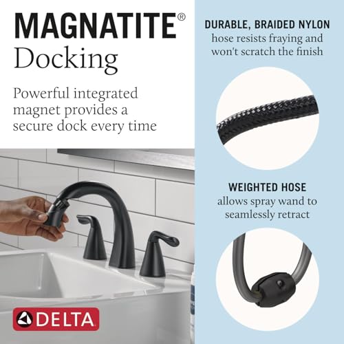 Delta Arvo Matte Black Bathroom Faucet with Sprayer, 8 Inch 3 Hole Widespread Bathroom Sink Faucet with Pull Out Sprayer, Push-Pop Drain, Matte Black 35840LF-BLPD - color: Matte Black