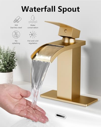 Gold Waterfall Bathroom Faucet 1-Handle Vanity Faucet | Stainless Steel Modern Bathroom Sink Faucet,Pop-Up Drain, Supply Lines 6-in Deck Plate, 1- or 3-Hole, NSF Certified - color: Gold