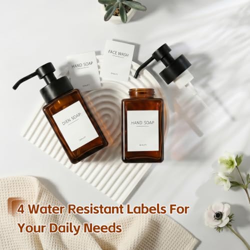 Foaming Hand Soap Dispenser, 12oz/350ml Glass Foaming Soap Dispenser, 2Pcs Foaming Soap Dispenser, Waterproof Labels, for Bathroom & Kitchen, Amber