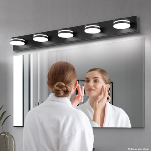 5-Light Bathroom Vanity Light, Modern LED Bathroom Light Fixture Over Mirror, Matte Black Bath Wall Lighting, Dimmable 5500K Vanity Lighting Fixture with 360°Rotable Head - color: Matte Black-Dimmable