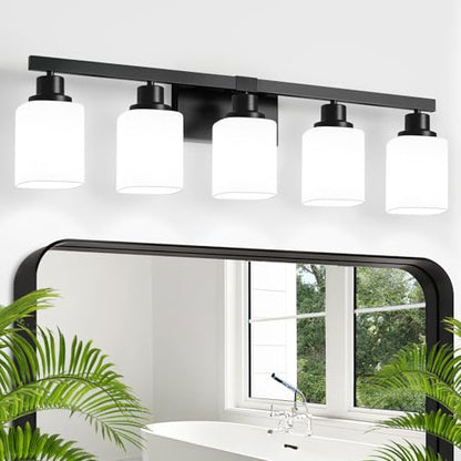 5-Light Bathroom Vanity Light, Modern Matte Black Bathroom Light Fixtures with Square Frosted Glass, Wall Sconces fixtures Over Mirror Restroom,Living Room Hallway E26 - color: Black, size: 5-Light