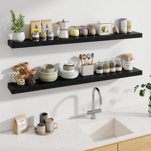 Fun Memories 60 Inch Fireplace Mantel - Long Floating Shelf, Wall Mounted Farmhouse Display with Invisible Heavy Duty Metal Bracket, Balck, 2 Pack - color: Black, size: 60"W x 6.5"D