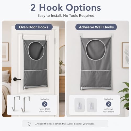 Hanging Laundry Hamper Bag with Over Door Hooks & Adhesive Hooks,Wall Mount Dirty Clothes Storage Basket with Bottom Zipper,Waterproof Oxford Fabric Door Hanging Laundry Bag for Towels Toys Blankets S