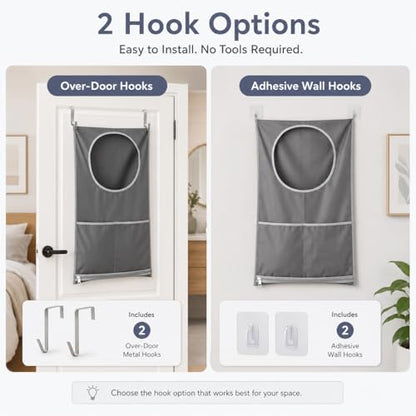 Hanging Laundry Hamper Bag with Over Door Hooks & Adhesive Hooks,Wall Mount Dirty Clothes Storage Basket with Bottom Zipper,Waterproof Oxford Fabric Door Hanging Laundry Bag for Towels Toys Blankets S