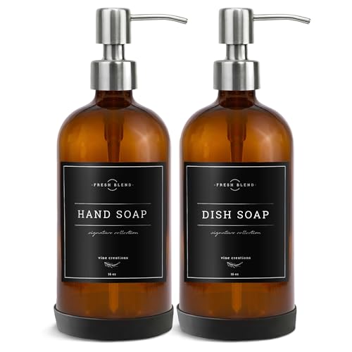 Vine Creations Amber Glass Soap Dispenser, 2 Pack Kitchen Soap Dispenser Set with Stainless Steel Pump, 16 oz Hand Soap or Dish Soap for Bathroom or Kitchen with Waterproof Labels - color: Amber Bottle / Silver Pump