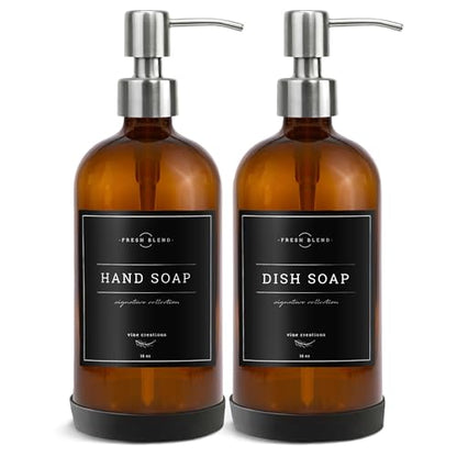 Vine Creations Amber Glass Soap Dispenser, 2 Pack Kitchen Soap Dispenser Set with Stainless Steel Pump, 16 oz Hand Soap or Dish Soap for Bathroom or Kitchen with Waterproof Labels - color: Amber Bottle / Silver Pump
