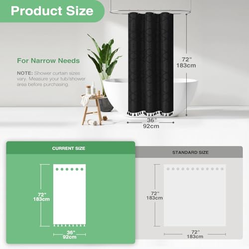 Stall Shower Curtain and Liner Set - 36 x 72 inch Half Boho Shower Curtain and Waterproof Clear Liner, Tufted Geometric Striped Tassel Shower Curtains for Bathroom, 6 Hooks, 36x72, Black - color: Black, size: 36"W x 72"L (Pack of 1)