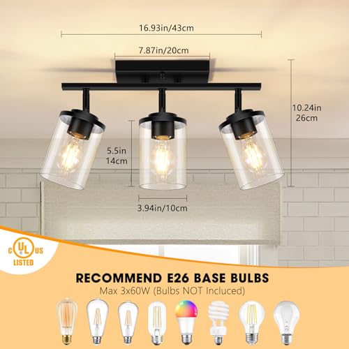 FadimiKoo 3-Lights Semi Flush Mount Ceiling Light, Adjustable Kitchen Light Fixtures Ceiling Mount with Clear Glass Shades, Rotatable Black Track Lighting Fixtures for Hallway, Foyer, Bedroom - color: Black, size: 3-Lights