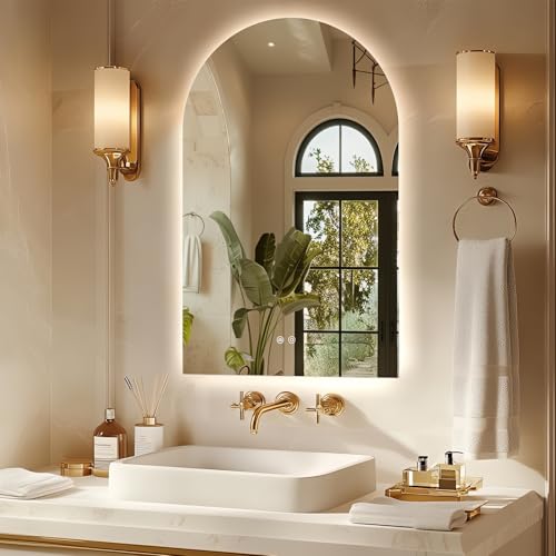 Niccy Arched LED Bathroom Mirrors, Frameless Backlit Vanity Mirror, 32"x20" | Wall Mounted Arch Mirror with Defogger & 3 Color Light, Explosion-Proof HD Glass, IP65 Waterproof for Bathroom - size: 32"L x 20"W