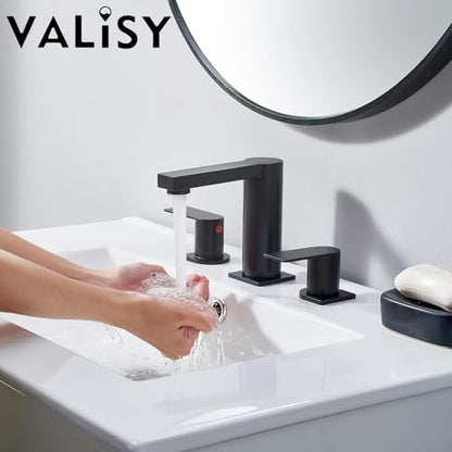 Bathroom Faucet Black 3 Hole, Matte Black Widespread Bathroom Faucet, 2-Handle 8-Inch Center Mount Bathroom Sink Faucet with Hose and Pop-Up Drain for RV Bath Vanity Lavatory, VAL079BRH - color: Matt Black