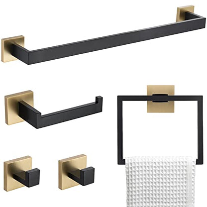 5 Pieces Bathroom Hardware Accessories Set Black and Gold Towel Bar Set,Wall Mounted Stainless Steel,23.6 Inch - color: Gold&black