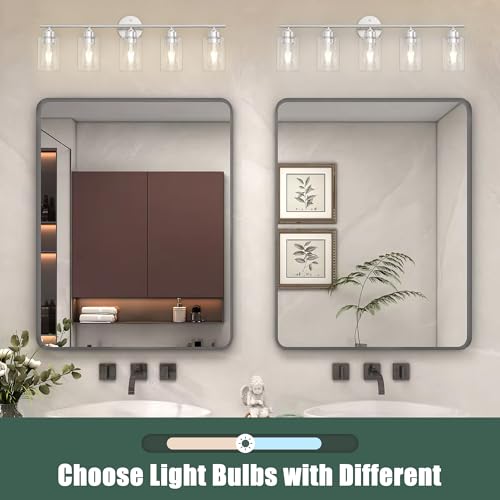 Bathroom Vanity Light Fixtures Brushed Nickel Bathroom Lighting Fixture, 5 Lights Bathroom Light Fixture Over Mirror, Modern Black Vanity Light, Wall Sconces with Glass Shades - color: Brushed Nickel, size: 5 Lights