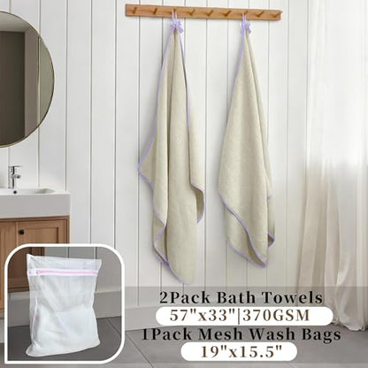 VOOVA & MOVAS Waffle Bathroom Towels 2 Pack, 100% Cotton, 57x33 in, Beige | Great for Home Bathroom & Shower, Built-in Hanging Loop, Purple Piping, Waffle Weave Texture - color: Purple Piping, size: 2PC Bath Towels (33"x57")