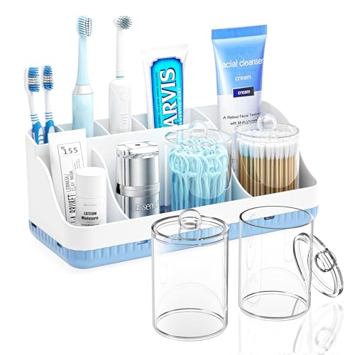 Bathroom Counter Organizer and Storage with 2 Pack Qtip Holder Dispenser, 7 Slots Detachable Toothbrush Holders for Bathrooms, Anti-Slip Electric Toothbrush and Toothpaste Holder Countertop - color: Whiteblue Sets