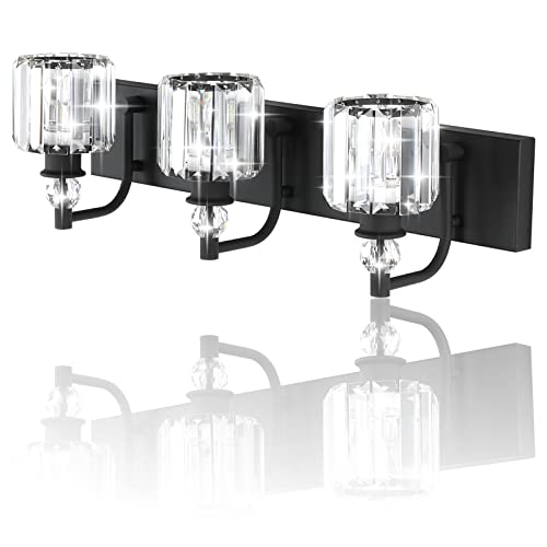 Ralbay Black Crystal Bathroom Lights Fixtures 3 Light Crystal Bathroom Vanity Lights Fixtures Over Mirror Modern Matte Black Bath Wall Lights - color: Black, size: 24 inch