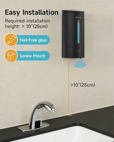 AIKE Classic Automatic Soap Dispenser,25oz for Bathroom,Matteblack AK1205E | 5-Level Adjustable and Savety Key for Commercial(4*AA Batteries Not Included),No-drill and Screw Wall Mount for Space-Saving - color: Matteblack Stainless Steel