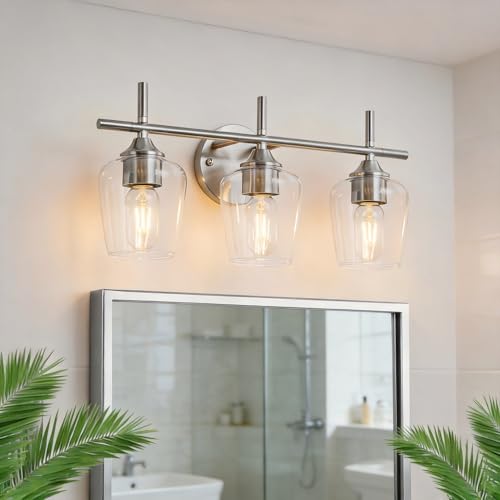 foucasal Bathroom Lights 3-Light, Modern Bathroom Vanity Light Fixtures | Win Glass Clear Shade, Nickel Brushed Wall Sconce Lamp Over Mirror Picture for Bathroom Bedroom Hallway Living Room Kitchen - color: Nickel & Clear E26, size: 3-light