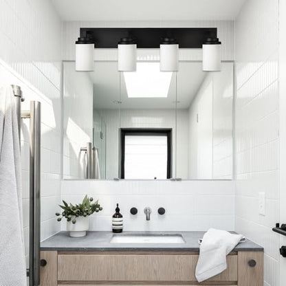TODOLUZ 4-Lights Bathroom Light Fixtures in Matte Black, Modern Opal White Glass Vanity Light E26 Bulb Base, Wall Mount Lighting for Bedroom Bath Living Room - color: Black, size: 4-Lights