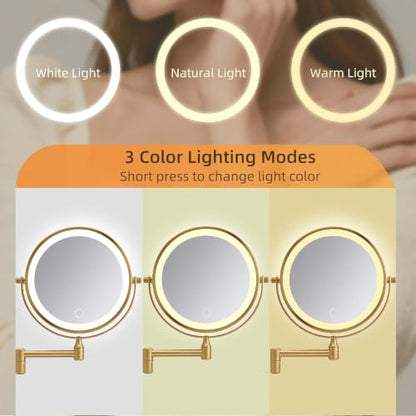 Wall Mounted Makeup Mirror with Lights, 8" Rechargeable 1X/10X Magnifying Mirror, 360° Swivel Extendable Arm, 3 Color LED (1, Gold) - color: Gold