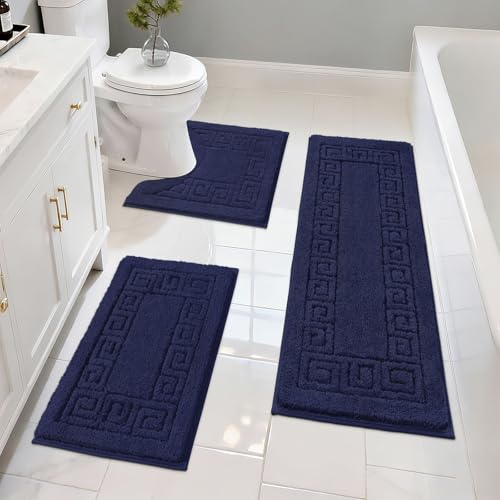 Pauwer Bathroom Rugs Sets 3 Piece, Plush Absorbent Bath Rug, Navy | Microfiber Bath Mat Set, Non Slip Washable, Quick Dry Floor Carprt, Soft U Shaped Toilet Mats For Bathroom Shower Sink - color: Navy