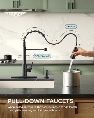 FORIOUS Black Kitchen Sink Faucet, Pull Down Sprayer, Classic High Arc | Lead-Free Stainless Steel, Single Handle Commercial Spring Kitchen Faucets for Laundry Utility Room, Outdoor Farmhouse Camper - color: Matte Black