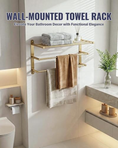 24 Inch Towel Racks for Bathroom: Brushed Gold Towel Rack with Double Towel Bar Wall Mounted - SUS304 Stainless Steel Bath Towel Holder with Shelf for Hotel Lavatory - color: Brushed Gold