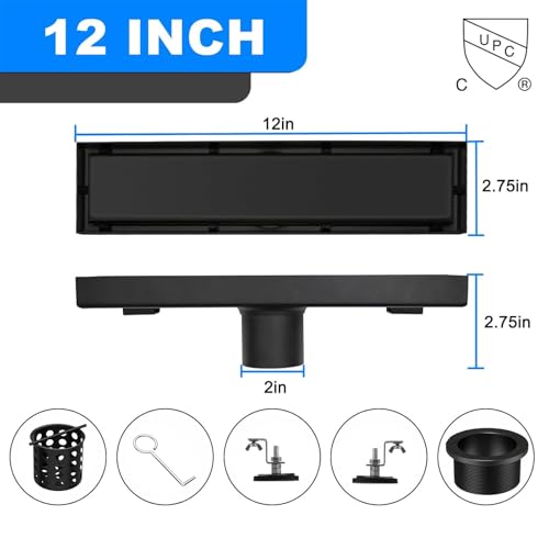 Linear Shower Drain 12 Inch Black Rectangular Floor Drain with 2-in-1 Tile Insert Cover, Bathroom Stainless Steel Drains Easy Installing and Cleaning (CUPC Certified)