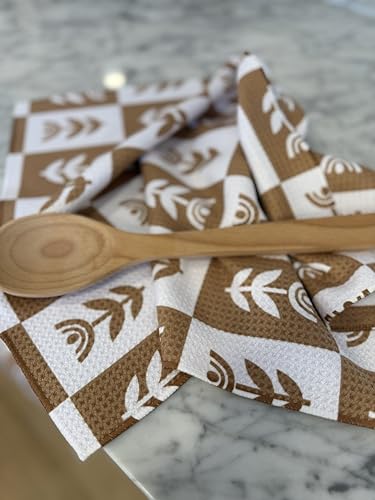 Kitchen Towels, Dish Towels for Kitchen, 2 Pc Kitchen Towel Set | Microfiber Waffle Towels, 16 x 26 inches, with Hanging Loops, Reusable Tea Towels, Cute Kitchen Towels - 2 Pack - color: Tan Checkered
