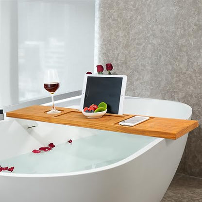 VaeFae Teak Wood Bathtub Tray Table with Wine and iPad Holder | Thoughtful design, Luxury experience, Smooth Surface, Multi-Slot Layout - size: 34.3" x 7.8" x 0.8"