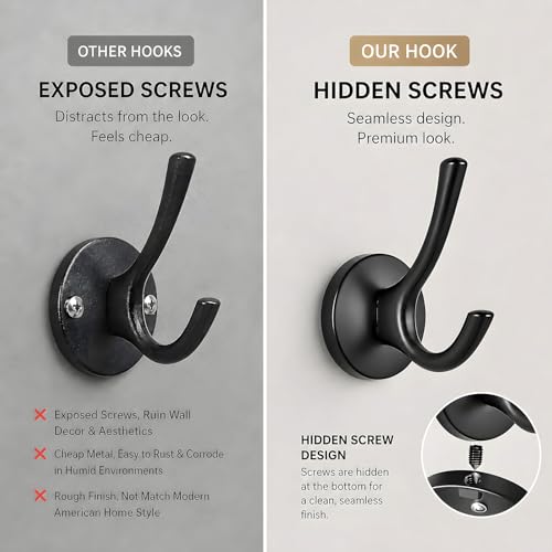Towel Hooks-Coat Robe Hooks-Heavy Duty Metal Double Bathrobe Hook-Black Towel Hooks for Bathrooms-Kitchen Closet Garage（4Pcs Black） - color: Black