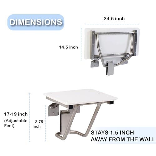 Folding Shower Chair for Elderly and Disabled | ADA Folding Shower Seat Wall Mounted Holds up to 400 lbs | High Density Polymer Shower Chair for Inside Shower 304 Stainless Steel | 34.5x16” - size: 34.5