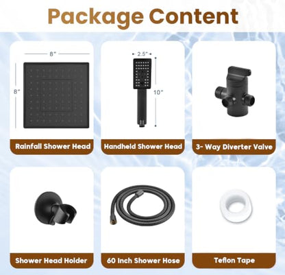 BRIGHT SHOWERS Rain Shower Head with Handheld Spray, High Pressure Square Showerhead Combo with Rainfall & Handheld, Detachable Dual Shower with Anti-Clog Nozzles, 60" Hose, Matte Black - color: Matte Black, style: Dual Shower Head
