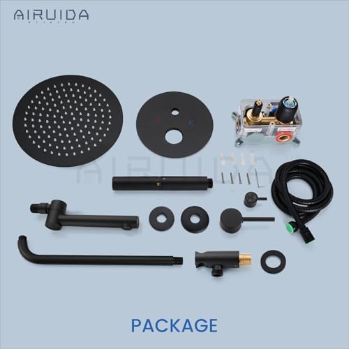 Airuida 3-Function Shower System with Tub Spout – Round Rainfall Shower Faucet Combo,Handheld Spray with 2 Functions,Includes Rough-In Valve with 360° Rotating Drain,10 Inch Shower Head,Matte Black - color: Matte Black, size: 10 Inch