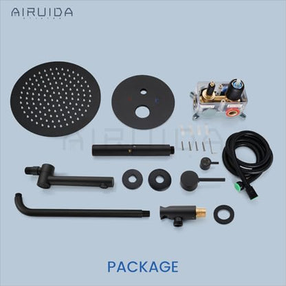 Airuida 3-Function Shower System with Tub Spout – Round Rainfall Shower Faucet Combo,Handheld Spray with 2 Functions,Includes Rough-In Valve with 360° Rotating Drain,10 Inch Shower Head,Matte Black - color: Matte Black, size: 10 Inch