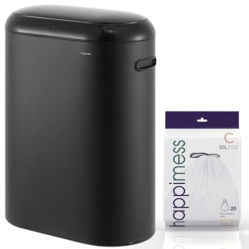 happimess 13.2 Gal Oval Motion Sensor Trash Can, Charcoal Black | Oval, Motion Sensor, Touch Mode, Soft Close Lid, Powder Coated Iron, Side Handles, 17.7" W x 9.84" D x 24.2" H - color: Charcoal Black