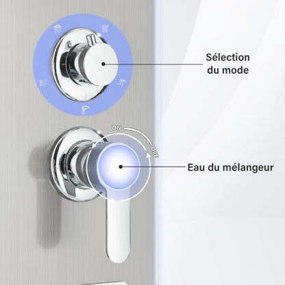 Brushed Surface Shower Panel Contemporary Wall Mount Shower Tower with Adjustable Rainfall Shower Head Large Body Jets Stainless Steel Shower System with Shelf